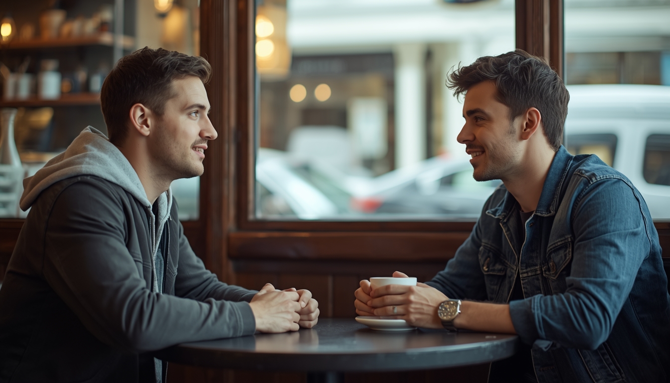 Two men talking over coffee in a quiet shop