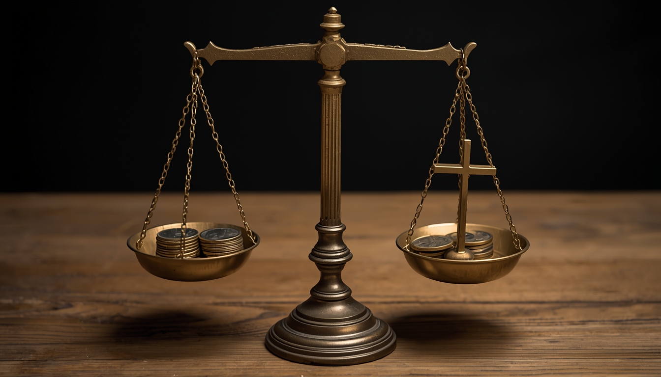 A small set of brass scales beside a wooden cross on a worn table